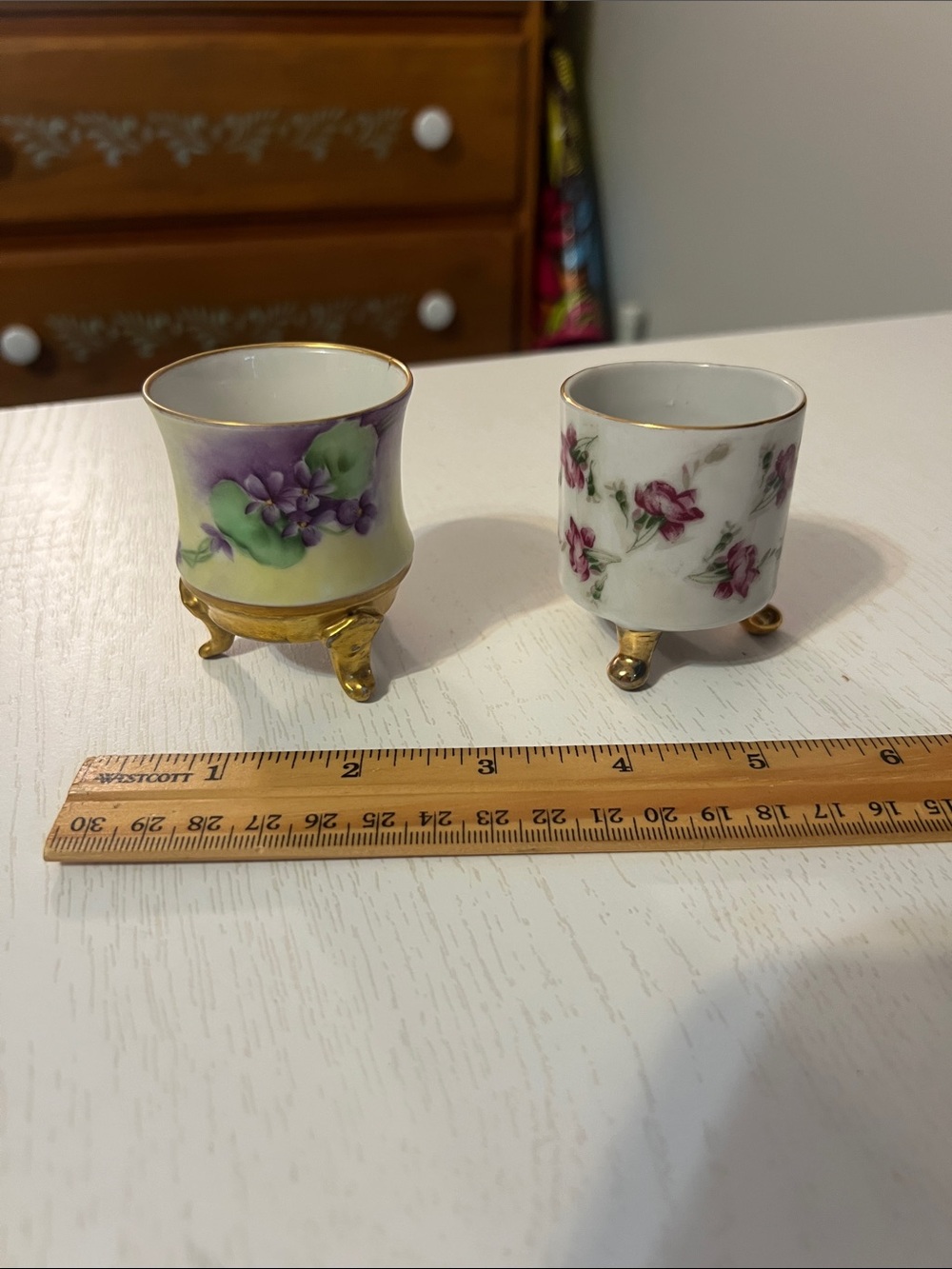 Decorative Porcelain Floral Toothpick Holders with Gold Feet - Purple & White